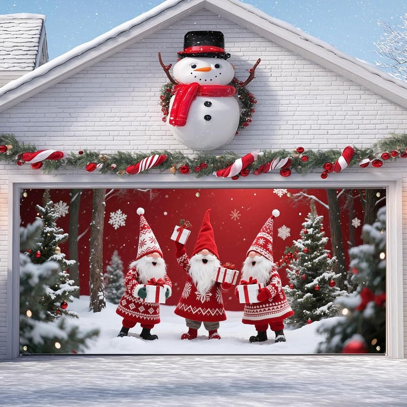IVN Christmas Garage Door Cover Decoration 13x6ft Three Santas Gnome Red Gift Tree Snowy Trees Merry Christmas Garage Door Banner Home Door Front Yard Decor for Xmas Eve Holiday Outdoor - Image 5